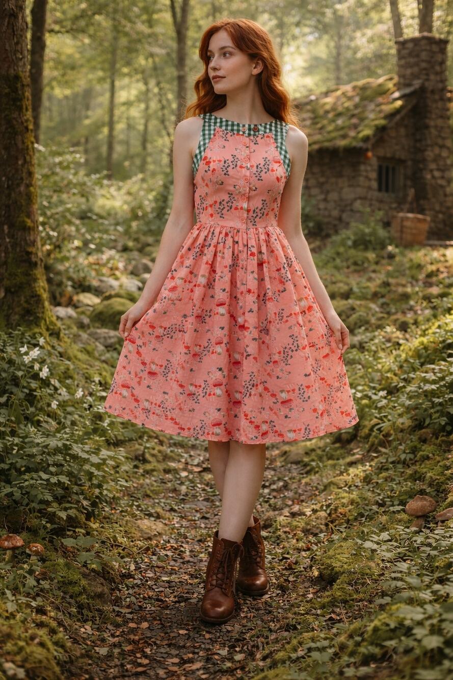 Unique Vintage Pink Mushroom Print Gingham Midi Dress Sz S Retro Cottagecore